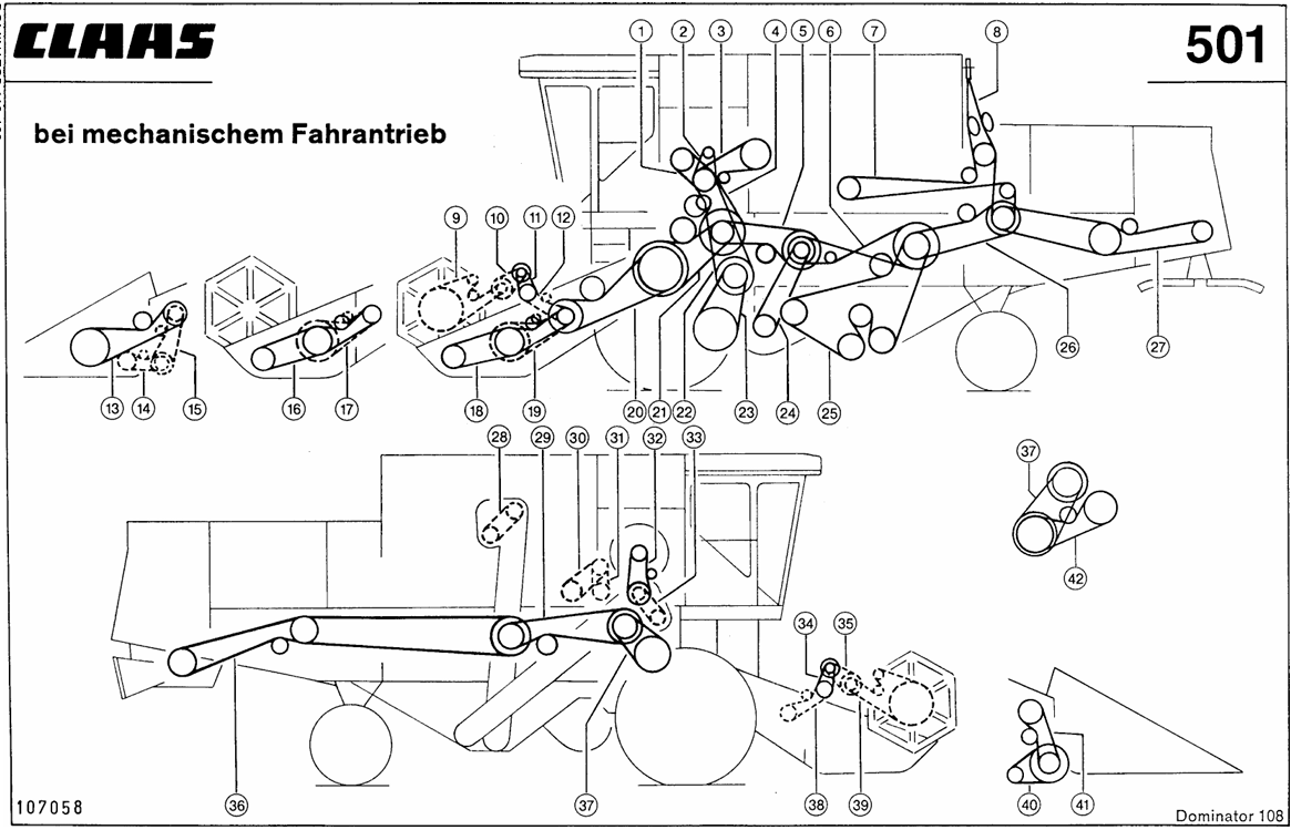 Schemat pasów Claas Dominator 108 Napęd mechaniczny